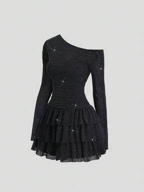 Sweetra Robe longue à manches longues, épaule asymétrique, avec volants et paillettes, élégante et sexy pour soirée. Automne/Hiver