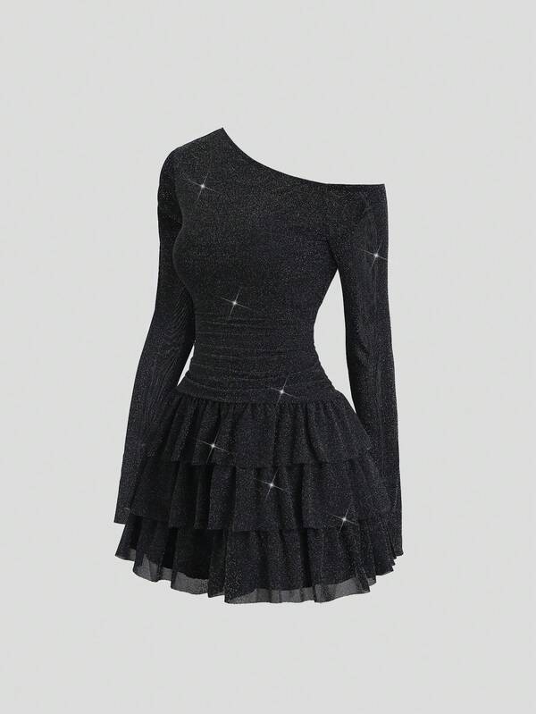 SHEIN Sweetro Vestido largo de manga larga con hombro asimétrico, volantes y tela con brillo, elegante y sexy para fiesta, otoño/invierno