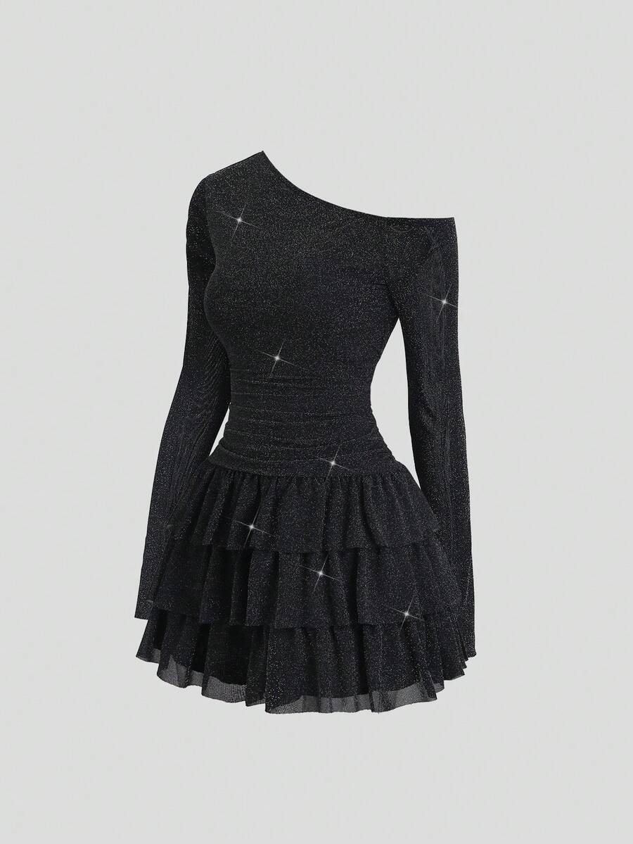 Sweetra 女式优雅派对性感不对称肩部闪光面料时尚荷叶边下摆长袖连衣裙，秋冬 - 黑色 - 查看 1