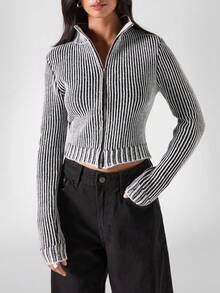 LYSMO 2025新款极简主义冬季女装新年及圣诞节女装/圣诞派对女式休闲条纹立领前拉链毛衣，秋冬季/感恩节女装/女式冬季毛衣/女式休闲毛衣 - 彩色 - 查看 7