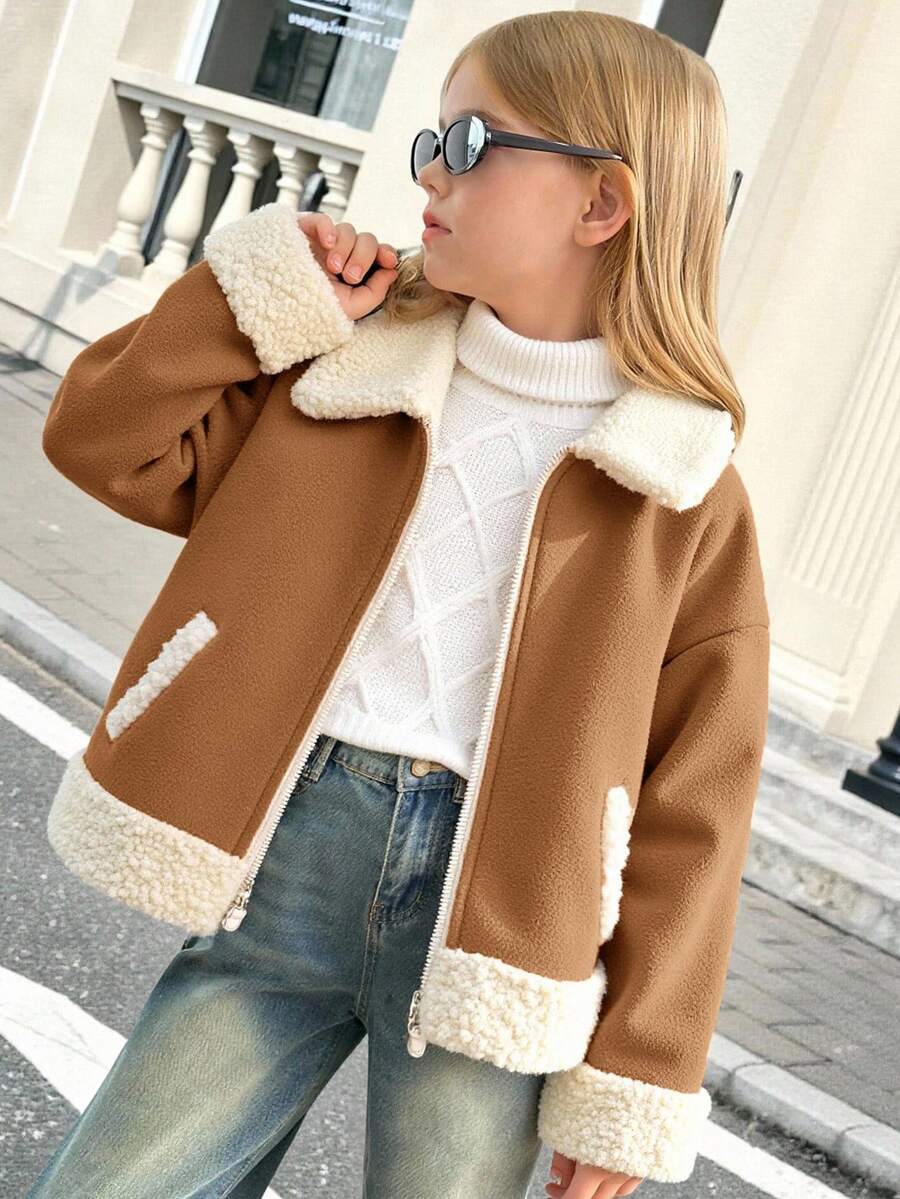 SHEIN 年轻女孩可爱绒面革拼布保暖内衬夹克,适合秋冬穿着 - 棕色 - 查看 1