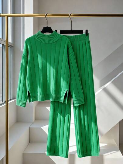 Franclia 女士休闲时尚简约百搭宽松高领粗针织毛衣和直筒裤两件套，秋冬