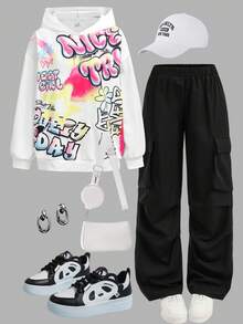 SHEIN Girlism 少女白色印花连帽衫和工装裤套装 - 黑與白 - 查看 1