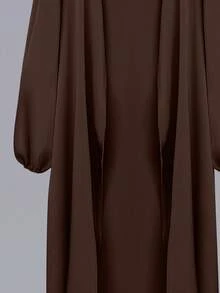 Al Najma 女士纯色灯笼袖阿拉伯风格外套，休闲长袍，适合日常休闲/家居服 - 咖啡棕 - 查看 4