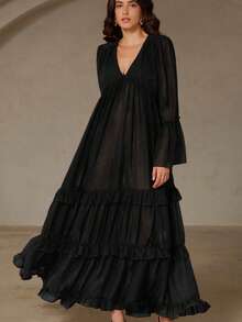 Arave Vestido con manga larga acampanada, cuello en V profundo, volantes y dobladillo con volantes en capas, de gasa color rojo ladrillo, estilo bohemio reversible para mujer - Negro - Ver 6