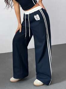 SHEIN EZwear 大码直筒休闲运动裤，纯色、条纹拼接、数字印花，秋冬款 - 藍色 - 查看 3