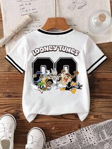 LOONEY TUNES X SHEIN 男童夏季休闲运动卡通字母图案条纹袖T恤 - 白色 - 查看 2