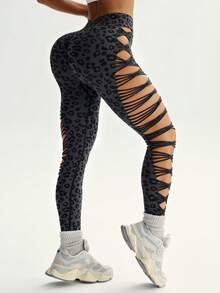 Slayform Slayform 1pc Seamless Leopard Print Elastic Mesh Hollow Fitness Yoga Sports Leggings - Dark Grey - View 8