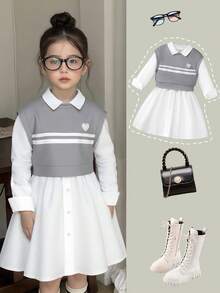 SHEIN 2 件套女孩休闲装 - 心形条纹背心 + 有领长袖衬衫裙，适合日常优雅都市和学校穿着 - 灰色 - 查看 1