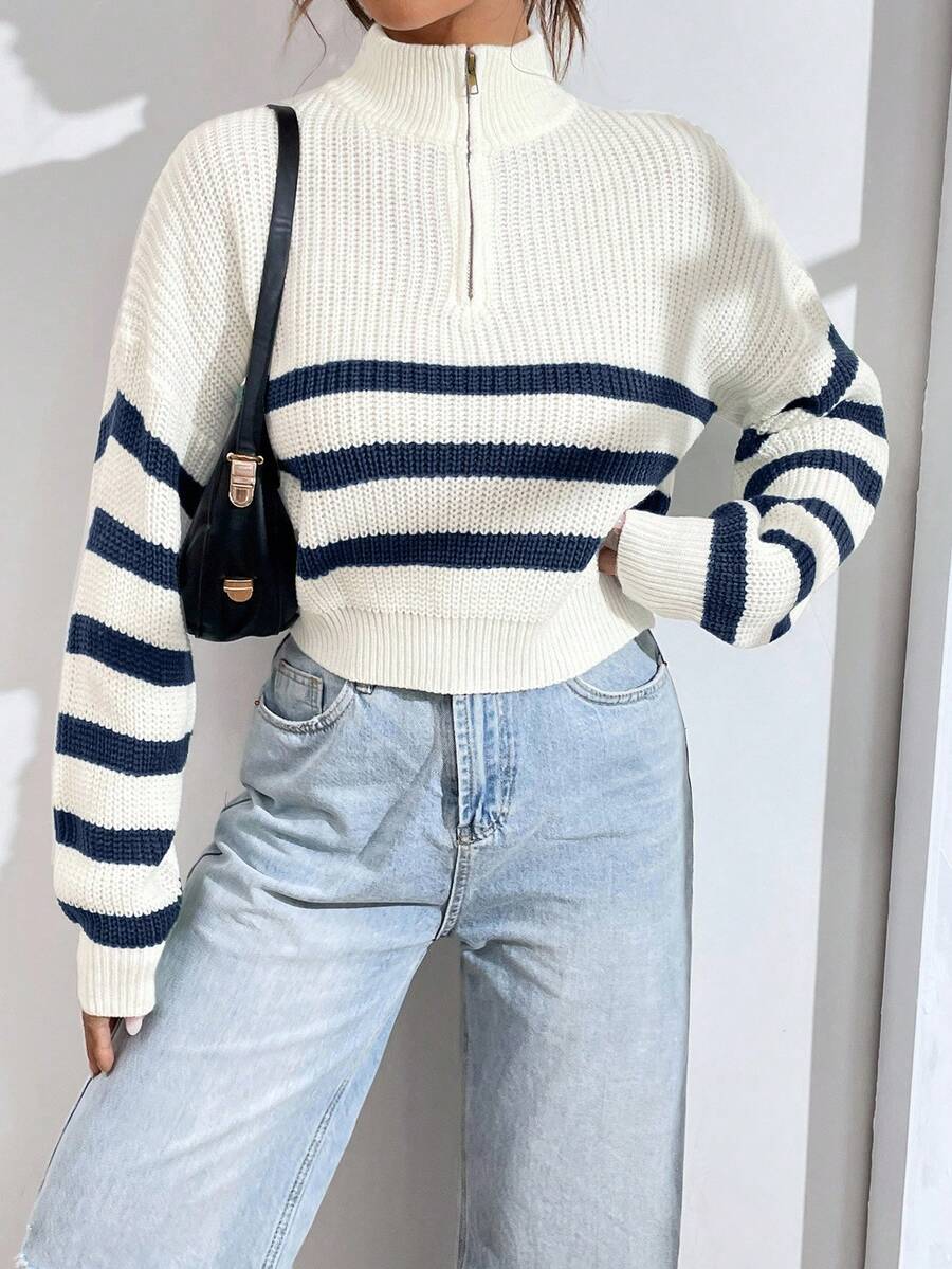 SHEIN Unity Suéter holgado y casual de mujer con rayas, manga larga de hombro caído, media cartera y cremallera, para otoño/invierno - Multicolor - Ver 1