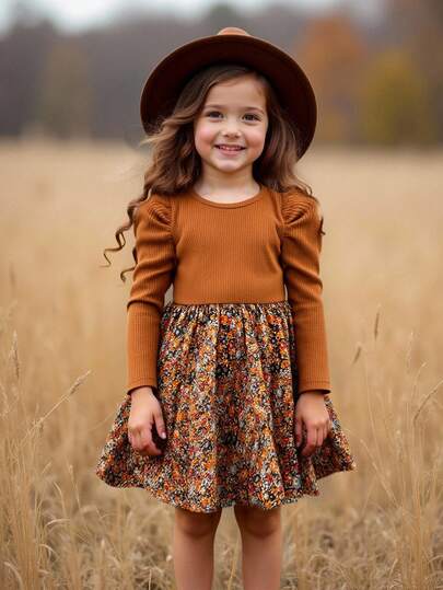 Emery Rose Kids Emery Rose Kids Vestido de manga larga con estampado floral de parches lindo y de punto para bebé niña