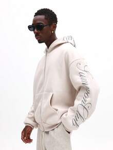 SUMWON Oversized Full Zip Hoodie With Script Print Casual Streetwear Sweatshirt,Suitable For Outdoor Music Festivals, Nightclubs, Bars, Boyfriend/Husband Gift, Anniversary Gift, Men Oversized Hoodie, Men Graphic Hoodie - White - View 5