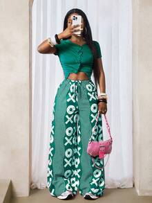 BamGleam Women's Striped Print Tie Waist Loose Wide Leg Casual Pants - Dark Green - View 3