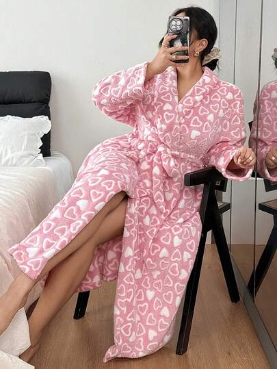 SHEIN Robe longo feminino plus size com estampa de corações, cinto e gola, ideal para outono/inverno, roupão felpudo rosa.