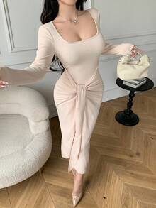 SHEIN LUNE 女士优雅通勤纯色系带修身长裙 - 杏色 - 查看 3
