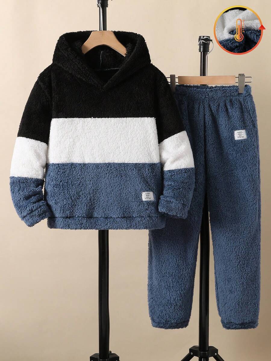 2pcs/Set Boys' Casual Reversible Fleece Patchwork Color Block Hooded Outfit - Blue - View 1