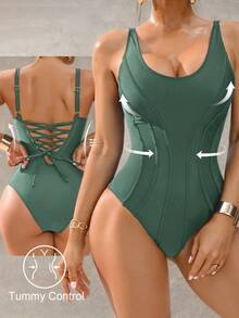 Shapewave Damen Figurformender Push-Up Badeanzug, Grün, elegant-lässig für Frühlings-/Sommerurlaub, Strand, Party, Musikfestival