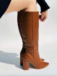 Botas altas de mujer estilo minimalista, punta fina, tacón grueso, para oficina y moda urbana - Marrón - Ver 3