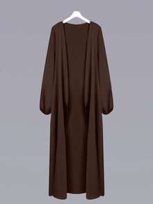 Al Najma 女士纯色灯笼袖阿拉伯风格外套，休闲长袍，适合日常休闲/家居服 - 咖啡棕 - 查看 1