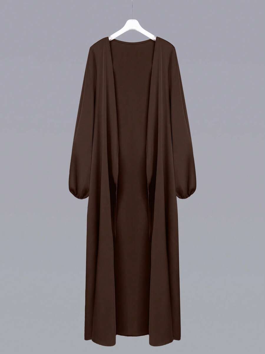 Al Najma 女士纯色灯笼袖阿拉伯风格外套，休闲长袍，适合日常休闲/家居服 - 咖啡棕 - 查看 1