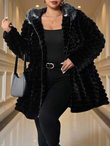 SHEIN Clasi Große Größen einfarbige Kapuzenjacke mit Kunstpelz, modisch für Herbst/Winter - Schwarz - Übersicht 9