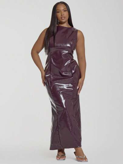 MUSERA Vestido maxi de piel sintética ajustado sin mangas, ideal para otoño e invierno, para salir, sexy y elegante