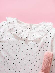 SHEIN 2件套女宝宝甜美可爱秋冬新款，粉色和黑色爱心印花彼得潘领长袖上衣+可调节肩带毛绒兔子图案粉色套头连衣裙 - 粉色 - 查看 4