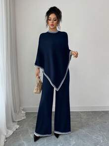 Elenzga Bộ đồ hai mảnh thiết kế áo poncho rộng rãi thoải mái và quần dệt kim màu tương phản rộng rãi dành cho nữ - Màu xanh hải quân - Xem 4