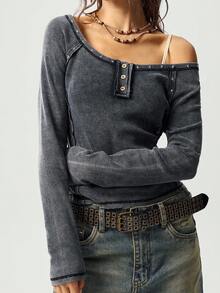 Bohemela Casual Solid Color Knit Crew Neck Long Sleeve Fitted Women T-Shirt - Black - View 1