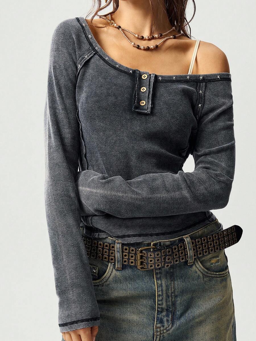 Bohemela Casual Solid Color Knit Crew Neck Long Sleeve Fitted Women T-Shirt - Black - View 1