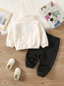 SHEIN 2pcs Baby Boys Cute Letter Embroidered Fluffy Stand Collar Jacket And Elastic Waist Pants Set, Autumn Winter