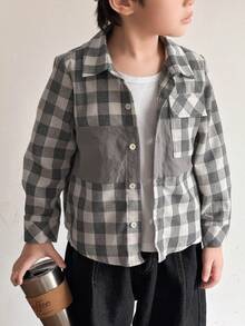 SHEIN 男童休闲灰色格子纽扣长袖衬衫 - 灰色 - 查看 4