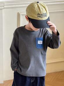 SHEIN Little Byeori Young Boys' Casual Colorblock Pocket Round Neck Long Sleeve T-Shirt - Multicolor - View 6