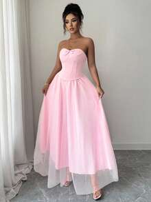 SHEIN Elenzya 优雅的粉色套装，包括带骨抹胸上衣 + 喇叭网裙，适合舞会、情人节约会、万圣节、圣诞派对、新年庆祝活动和日常通勤等正式场合，秋季 - 粉色 - 查看 6