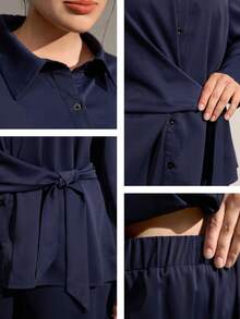 Bộ 2 áo sơ mi dài tay bất đối xứng cỡ lớn cho nữ - Màu xanh hải quân - Xem 8
