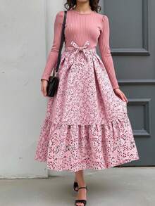 SHEIN Váy suông họa tiết hoa đơn giản, cổ tròn, tay xếp ly, dáng rộng, thời trang dành cho nữ - Bụi hồng - Xem 3