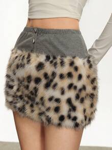 Rina Fox Women's Leopard Print Faux Fur Patchwork Sexy Mini Skirt