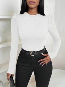 VaVaBold Women's Round-Neck Puff Sleeve Women's Elegant Slim Long-Sleeved T-Shirt, Autumn And Winter Women's Clothing, Bottom T-Shirt - White - View 4