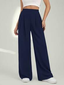 SHEIN Tall Quần ống rộng trơn màu thường ngày dành cho nữ - Màu xanh hải quân - Xem 3