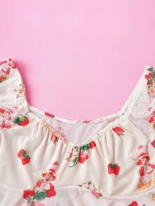 Strawberry Shortcake X SHEIN Áo lưới cổ tròn tay ngắn họa tiết dâu tây phong cách Y2K ngọt ngào dễ thương cỡ lớn cho nữ, mùa thu - Màu be - Xem 4