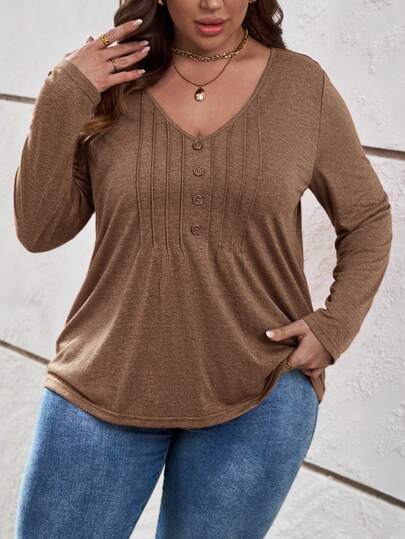EMERY ROSE Casual Plus Size V Neck Brown Long Sleeve T Shirt With Button Front Detail And Regular Length Long Sleeve T-Shirt Coffee Brown Top Brown Top Women Brown Long Sleeve Top Plus Size Top