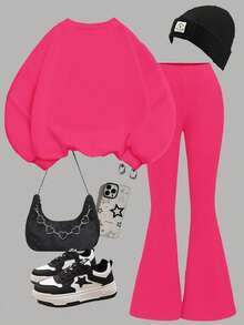 SHEIN Leap Crew 玫红色，可爱有趣的卡通蓝兔露露，针织图案，少女针织圆领宽松长袖卫衣和喇叭裤两件套，秋季外出穿搭，轻松舒适，适合女孩秋季叠穿，时尚童装，休闲服饰，儿童图案服装，秋季服装，冬季服装 - 白色 - 查看 2