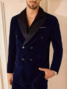 Mainfolk Men's Fashionable Commuter Contrast Color Lapel Blazer, For Fall Winter - Blue - View 3