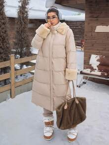 SHEIN EZwear 大码女式卡其色毛领长款棉服外套，秋冬 - 卡其色 - 查看 4