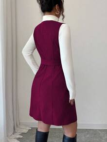 Elenzga Women's Elegant Vintage Corduroy V-Neck Metal Button Decor Sleeveless Textured Mini Dress