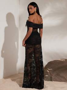 Opulessa Goth Solid Color Lace Knit Mesh Slim Off-Shoulder Mermaid Hem Dress For Women, Vacation Halloween Clothes,Prom Dress,Fall Wedding Guest Dress,Wedding Guest Dress Women