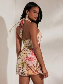 Opulessa Vacation Knit Mesh Printed Halter Neck Women Short Dress, Halloween Costume, Elegant Dresses Party, Luxury Sexy Club Outfits, Summer Beach Outfits