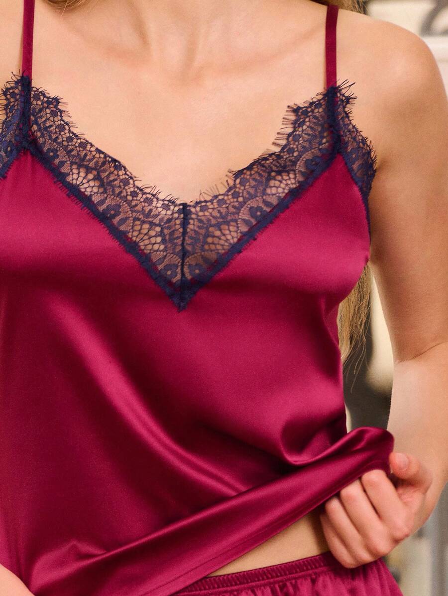 lacRébo Elegant Burgundy Satin Pajama Set For Women,Summer Cami And Shorts With Navy Blue Lace Trim,Lounge Lingerie Sleep Set - Purple - View 1