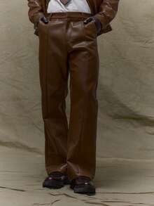 Musero Straight Leg Leather Pants Trouser Seam Detailing Pleat Style Front Winter - Coffee Brown - View 2