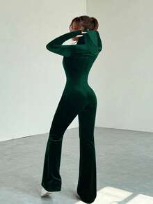 SHEIN EZwear 女式休闲简约深绿色天鹅绒连体裤，圣诞装 - 墨綠色 - 查看 2